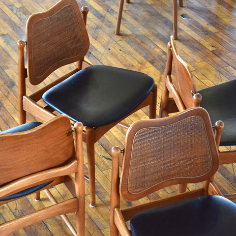 Set of 4 Cane & Teak Dining Chairs in the Style of Arne Vodder