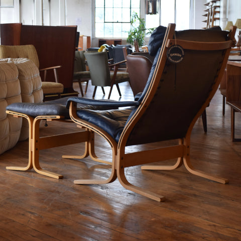 Ingmar Relling Siesta Lounge Chair & Ottoman in Blue Leather