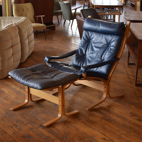 Ingmar Relling Siesta Lounge Chair & Ottoman in Blue Leather