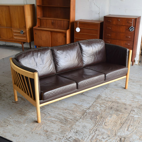 Dark Brown Leather & Beech 3-Seater Sofa