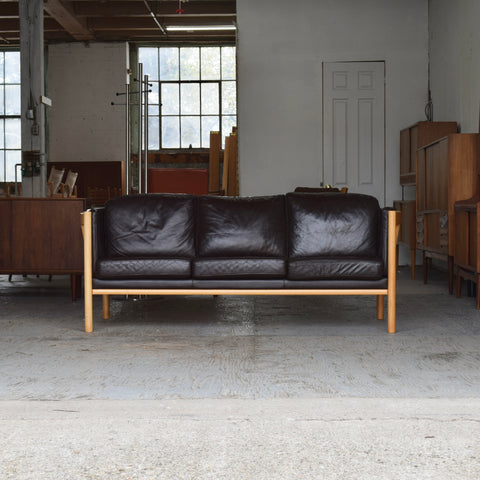 Dark Brown Leather & Beech 3-Seater Sofa