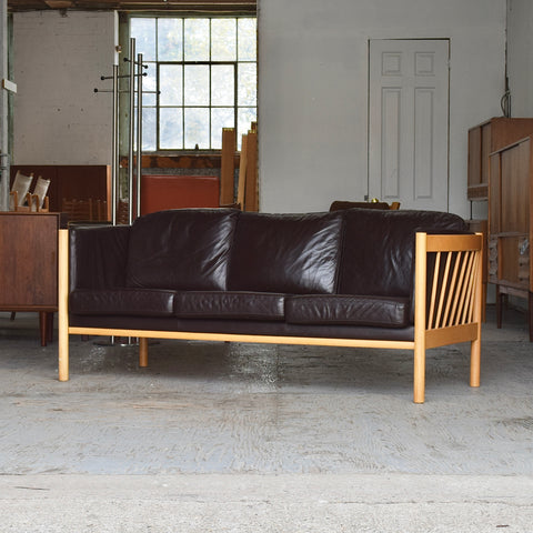 Dark Brown Leather & Beech 3-Seater Sofa