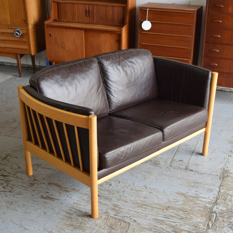 Dark Brown Leather & Beech Loveseat