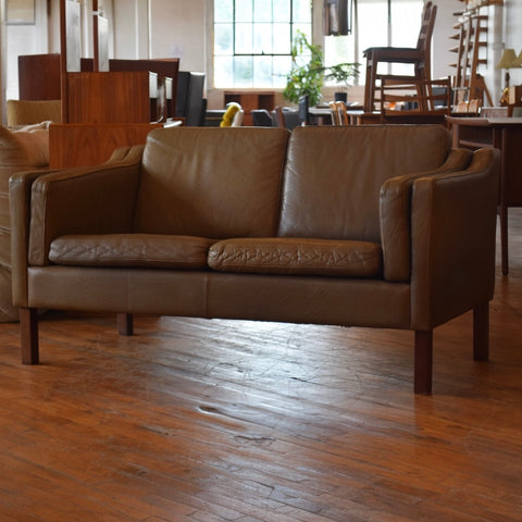Børge Mogensen Style Loveseat in Olive Leather