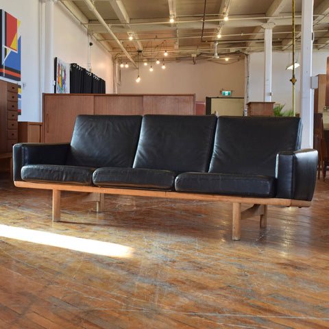 Hans Wegner GE236/3 Black Leather & Oak 3-Seater Sofa