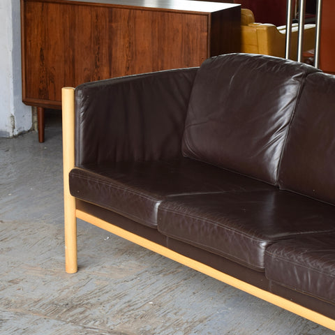 Dark Brown Leather & Beech 3-Seater Sofa