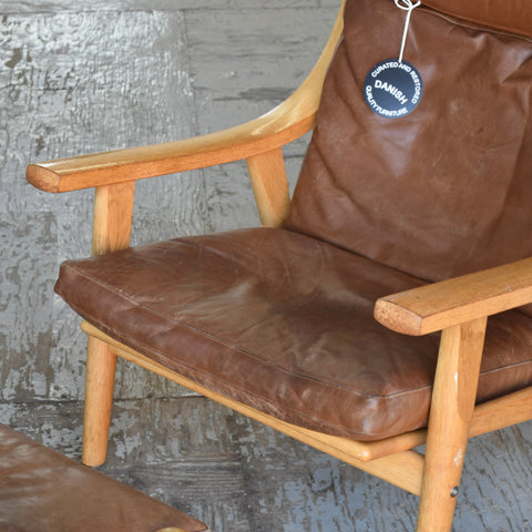 Hans Wegner GE530 Leather & Oak Lounge Chair w/ Ottoman
