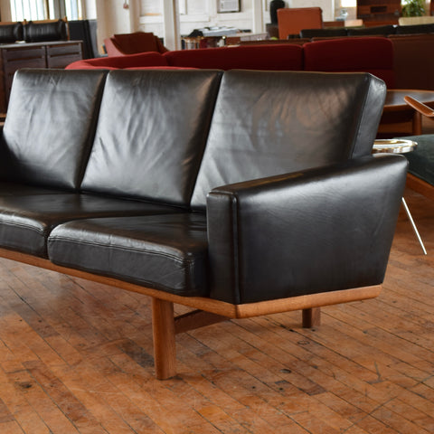 Hans Wegner GE236/3 Black Leather & Oak 3-Seater Sofa