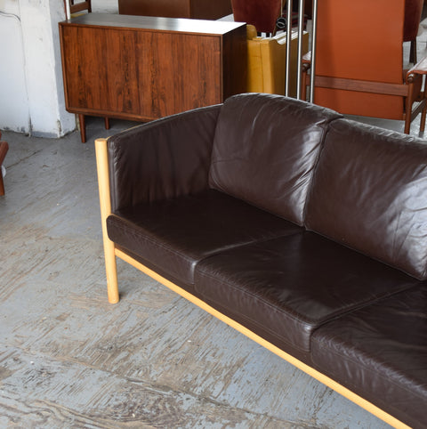 Dark Brown Leather & Beech 3-Seater Sofa