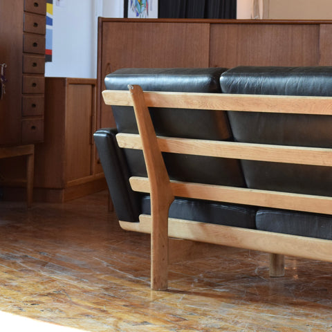 Hans Wegner GE236/3 Black Leather & Oak 3-Seater Sofa