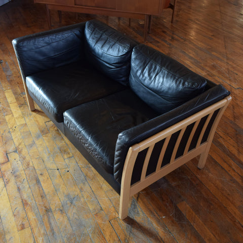 Danish Oak & Leather Loveseat by Stouby