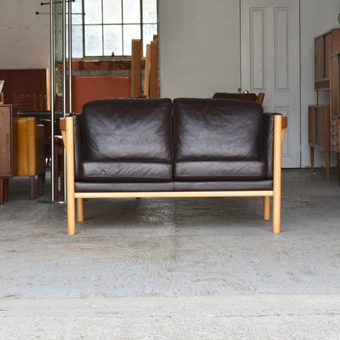 Dark Brown Leather & Beech Loveseat