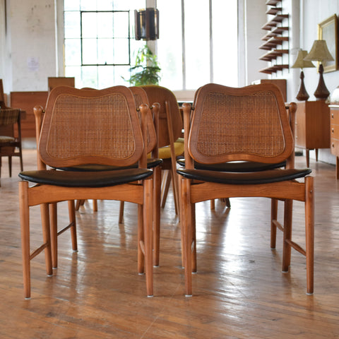 Set of 4 Cane & Teak Dining Chairs in the Style of Arne Vodder