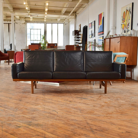Hans Wegner GE236/3 Black Leather & Oak 3-Seater Sofa