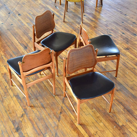 Set of 4 Cane & Teak Dining Chairs in the Style of Arne Vodder