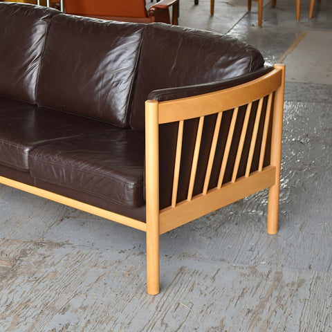 Dark Brown Leather & Beech 3-Seater Sofa