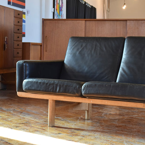 Hans Wegner GE236/3 Black Leather & Oak 3-Seater Sofa