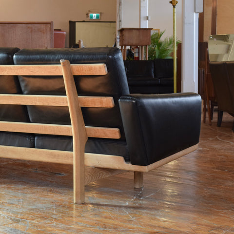 Hans Wegner GE236/3 Black Leather & Oak 3-Seater Sofa