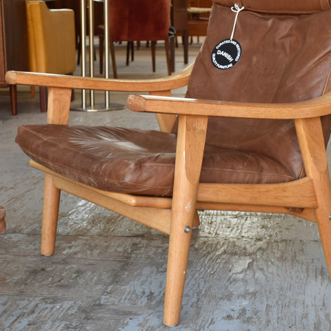 Hans Wegner GE530 Leather & Oak Lounge Chair w/ Ottoman