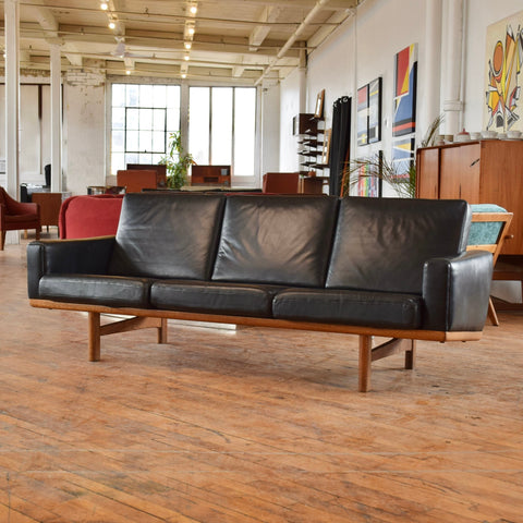Hans Wegner GE236/3 Black Leather & Oak 3-Seater Sofa