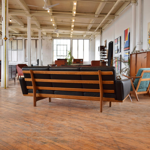 Hans Wegner GE236/3 Black Leather & Oak 3-Seater Sofa