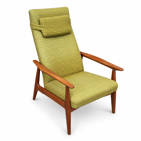 Vintage Danish Teak High-Back Lounge Chair — white background with soft shadow