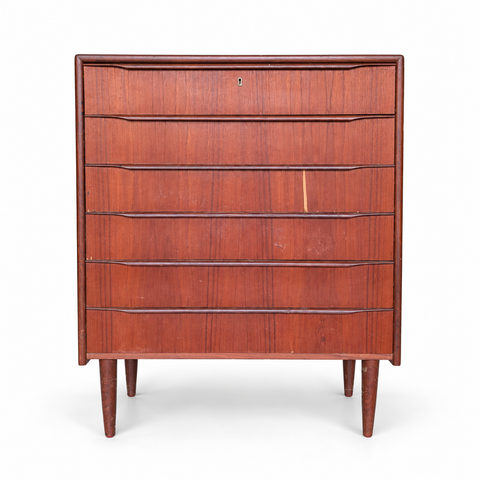 Vintage Danish Tallboy Dresser — full view on white with soft shadow