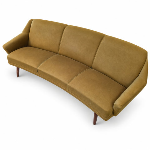 Vintage Danish Curved Upholstered Sofa — white background with soft shadow