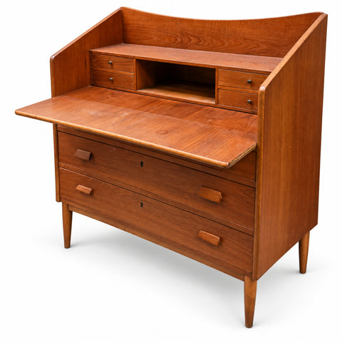 Vintage Danish Teak Secretary Desk — white background with soft shadow