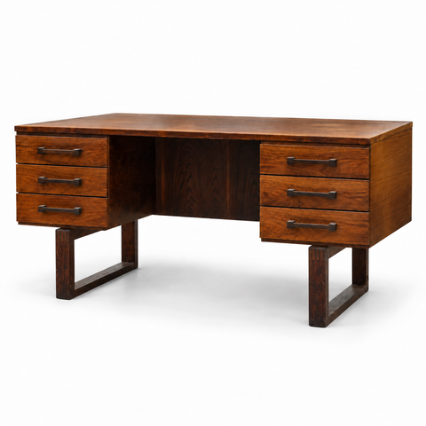 Rosewood Dyrlund desk with open rectangular leg frames on white background