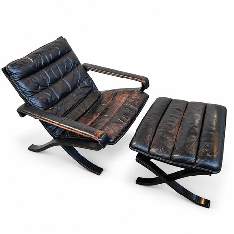 Vintage Leather Lounge Chair & Ottoman by Ingmar Relling — white background with soft shadow