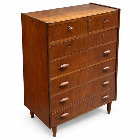 Vintage Danish Teak Tallboy Dresser — white background with soft shadow