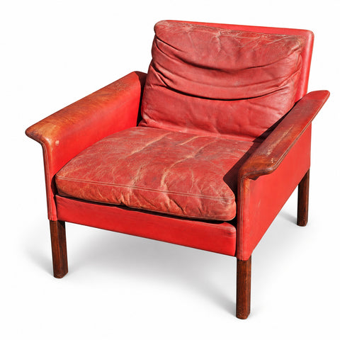 Vintage Red Leather Lounge Chair by Hans Olsen — white background with soft shadow