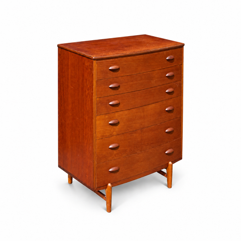 Vintage Danish Tallboy Dresser — full view on white with soft shadow