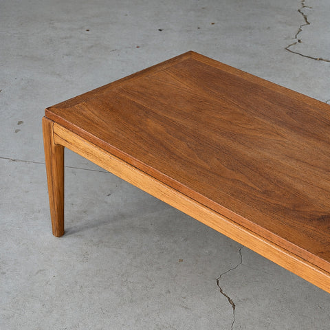 Walnut and elm coffee table by Lane — left corner detail