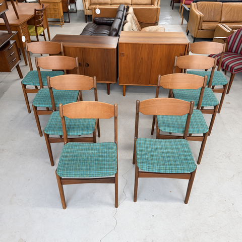 Vintage wooden dining chairs with green-blue plaid upholstery – eight chairs overhead