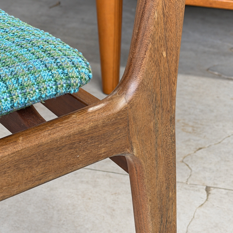 Vintage wooden dining chairs with green-blue plaid upholstery – frame detail