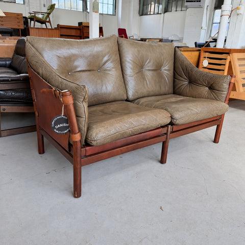 Leather Loveseat with Buckled Sides — full three-quarter view