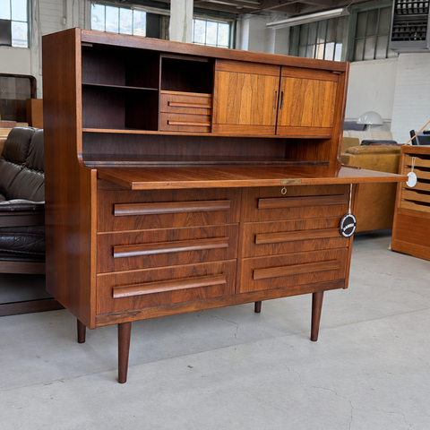 Sigfred Omann rosewood bureau — angled view with cupboard open