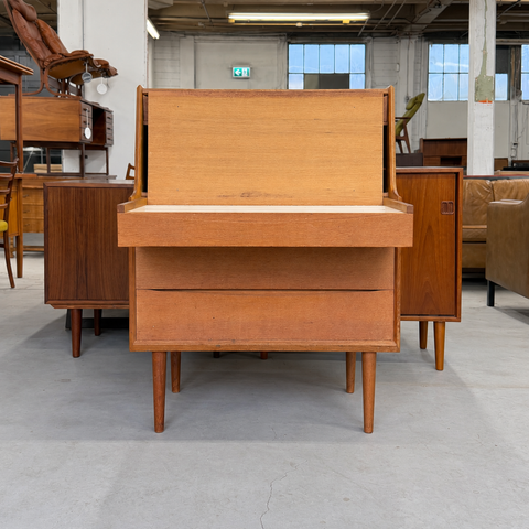 Vintage Danish Oak Bureau — Lift-up compartment front view