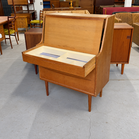 Vintage Danish Oak Bureau — Lift-up compartment angled view